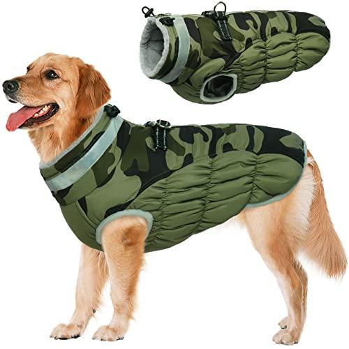Lelepet Dog Coat Warm Dog Winter Coat Waterproof Dogs Jacket with Harness Built in Reflective Pet Fleece Vest Zip-Up Cold Weather Coats for Large Dogs Turtleneck Windproof Boston Terrier Green Camo L