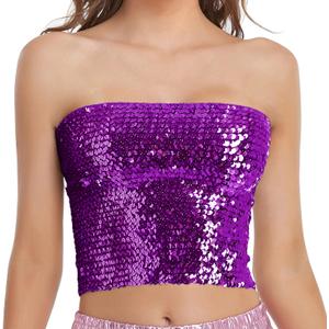 Womens Sparkly Sequin Mermaid Crop Tops, Strapless Metallic Tube Tops for Party Clubwear (Medium, Purple)