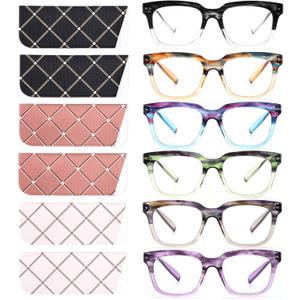 6 Pack Fashion Reading Glasses for Women Men Blue Light Blocking Oversized Square Readers with Spring Hinge +1.75