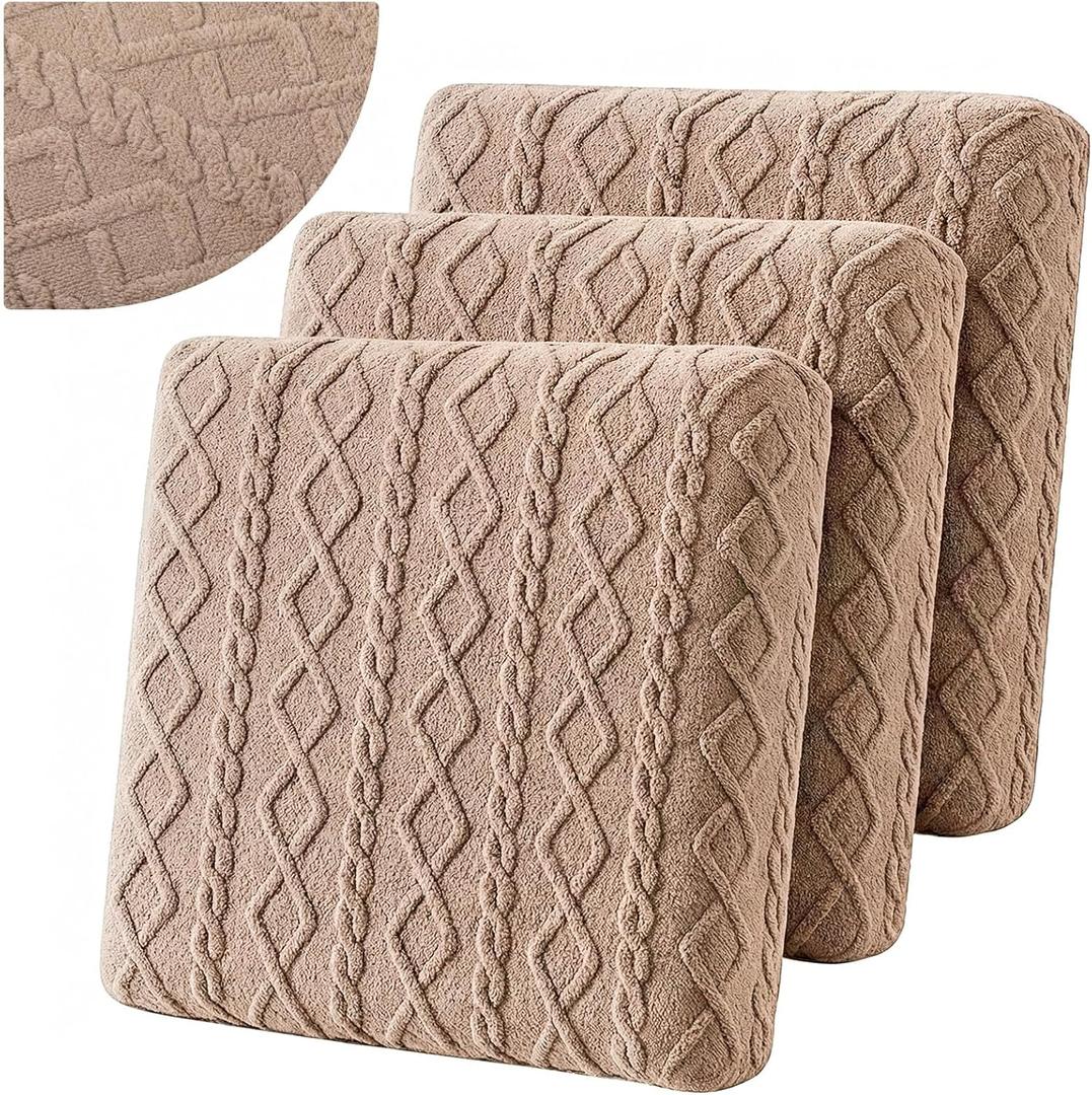 3 Pcs Couch Cushion Covers for Sofa Stretch Jacquard Cable Knit Seat Cover Washable Sofa Slip Covers with Elastic Bottom Washable Modern Furniture Protector for Sectional Slipcover(Tan)