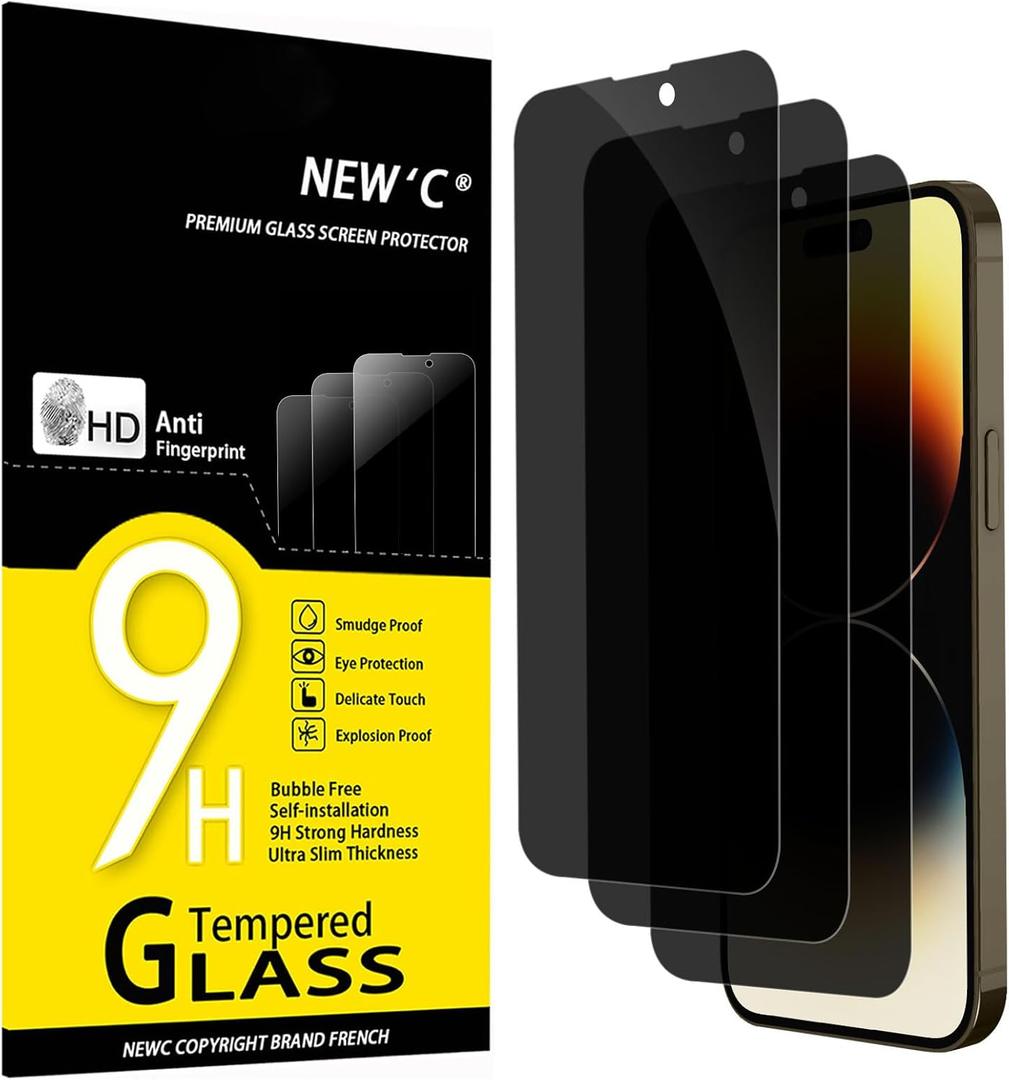 NEW'C 3 Pack Privacy for iPhone 14 Pro Max Screen Protector (6.7 inches), Anti-Spy Tempered Glass Film,Case Friendly Ultra Resistant, Balanced 28-Degree Privacy Angle-Easy installation tool included