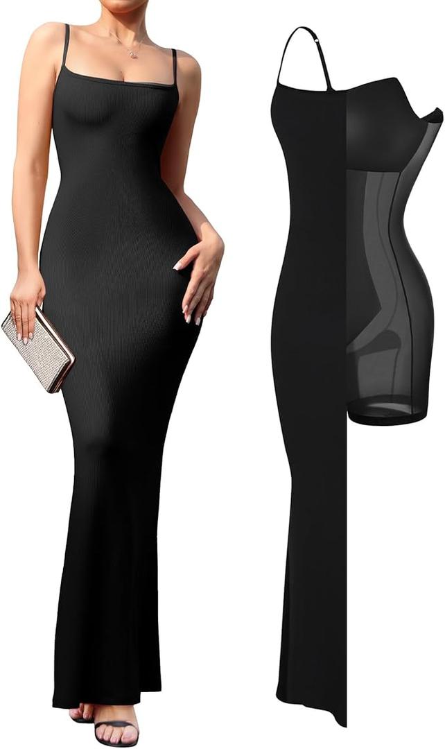 Popilush Maxi Dress Bodycon Dresses for Women Cocktail Spaghetti Strap Shapewear Dress Party Date Night Summer Long S