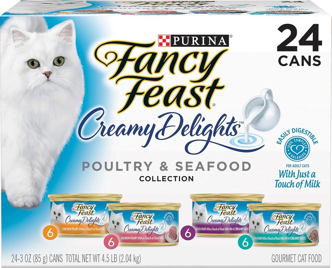 Purina Fancy Feast Wet Cat Food Variety Pack, Creamy Delights Poultry & Seafood Collection - (Pack of 24) 3 oz. Cans (Best Before: SEP/2027)
