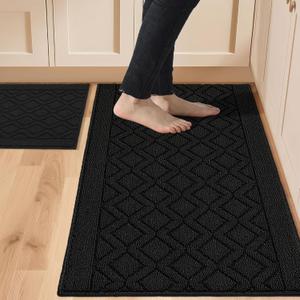 COSY HOMEER 48x20 Inch/30X20 Inch Kitchen Rug Mats Made of 100% Polypropylene 2 Pieces Soft Kitchen Mat Specialized in Anti Slippery and Machine Washable,Black (20"x30"+20"x48")