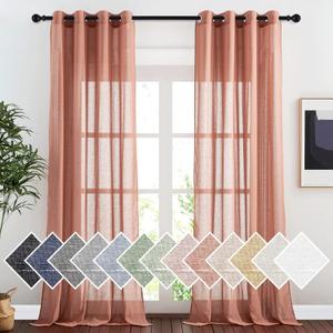 NICETOWN Linen Textured Semi Sheer Curtains for Large Windows, Ring Top Privacy with Light Filtering Flax Sheer Drapes for Bedroom/Living Room, Terracotta/Burnt Orange, W52 x L108, Set of 2