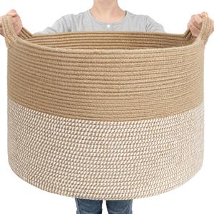 Goodpick Large Woven Storage Basket 21.7x13.8 Inch, White & Jute Laundry Hamper with Handles for Clothes, Blankets, Pillows, Blanket Basket for Living Room, Bedroom