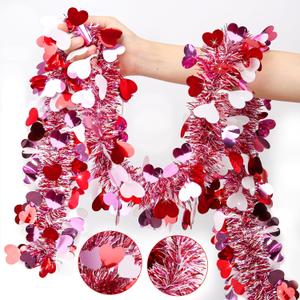 50FT Valentines Day Garland Valentines Day Decor Red Pink White Heart Tinsel Garland Metallic Glitter Hanging Garlands Valentines Decorations for Home Mantel Indoor Wedding Galentines Party Decor