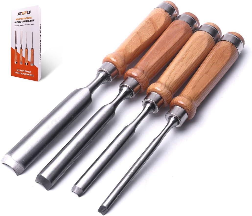 4 Pieces Wood Chisel Set for Woodworking, Professional Wood Chisel Tool Carpenter Gouge CR-V Steel Semi-Circular Edge Sharp Blade 8mm(1/4")/12mm(1/2")/18mm(3/4")/25mm(1") (Full Size-4PCS)