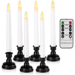 FREEPOWER Set of 6 Flameless Window Taper Candles with 6PCS Black Base, Battery Operated FlickeringTaper Candle with Remote and 4H/6H Timer,for Christmas Home Wedding Decor..