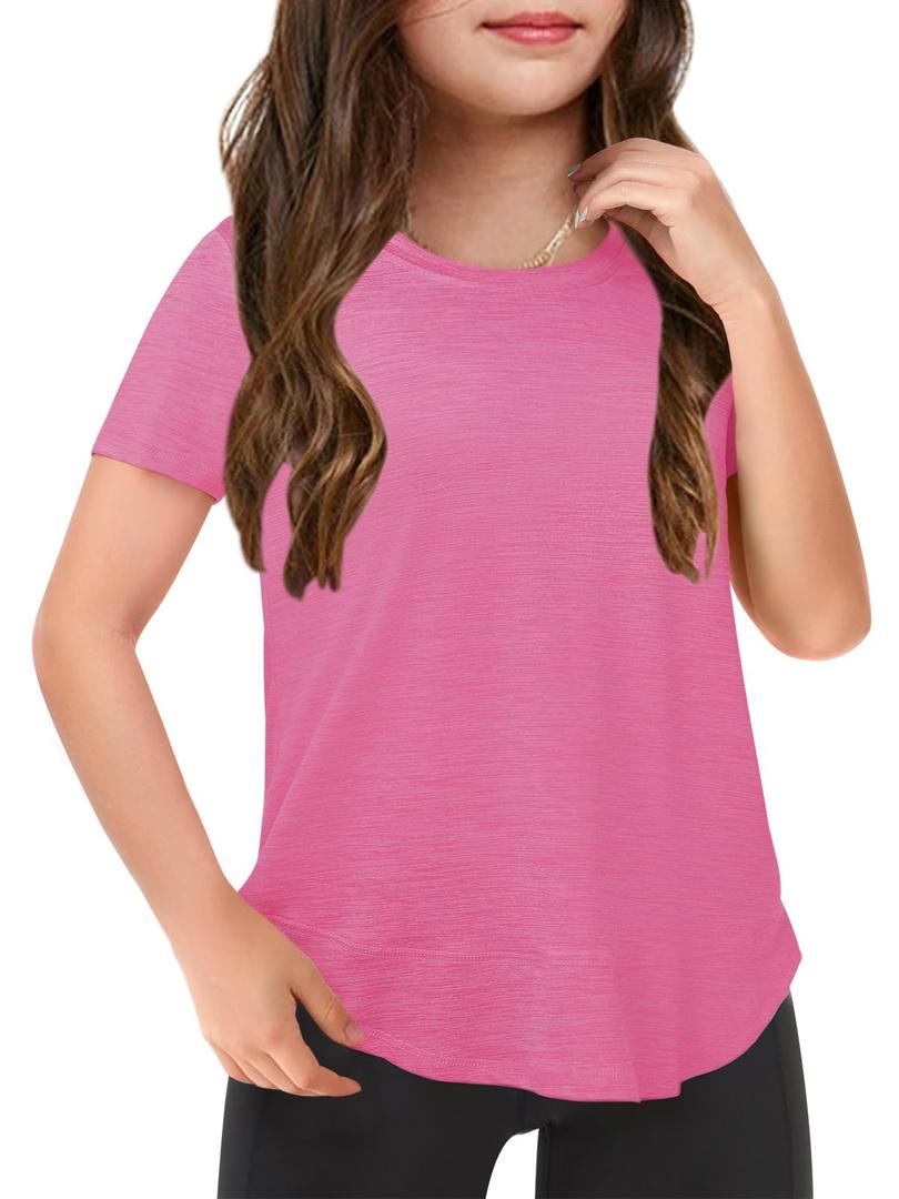 Haloumoning Girls Summer T Shirts Loose Curved Hem Short Sleeve Shirt Athletic Casual Tops Tees 4-14 Years Light Pink, 140 (Pink)