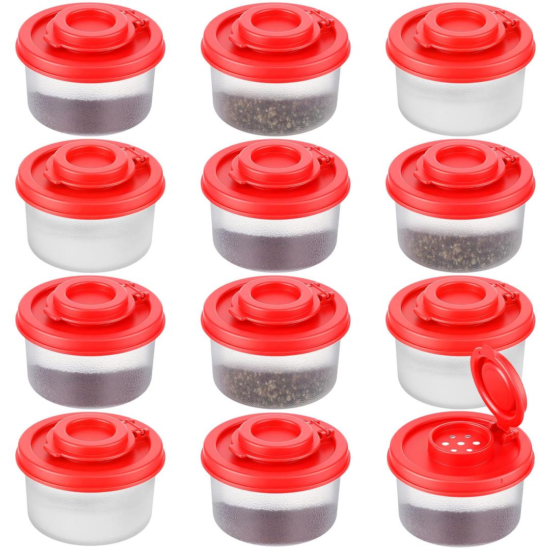 Acellegic 12 Pack Mini Salt and Pepper Shakers Moisture Proof Set Lids Plastic Airtight Dispenser for Camping Picnic Outdoors Kitchen Lunch Boxes Travel Spice(Red)