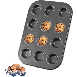 Mini Muffin Pan, Premium Small Cupcake Pans, Carbon Steel 12-Cup Muffin Tin, Versatile Non-Stick Bakeware (Black)
