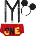 FYMNSI Baby Boys 1st Birthday Cake Smash Costume Photo Props 4PCS Outfits Suspender Bloomers Bowtie Headband 12-18 m