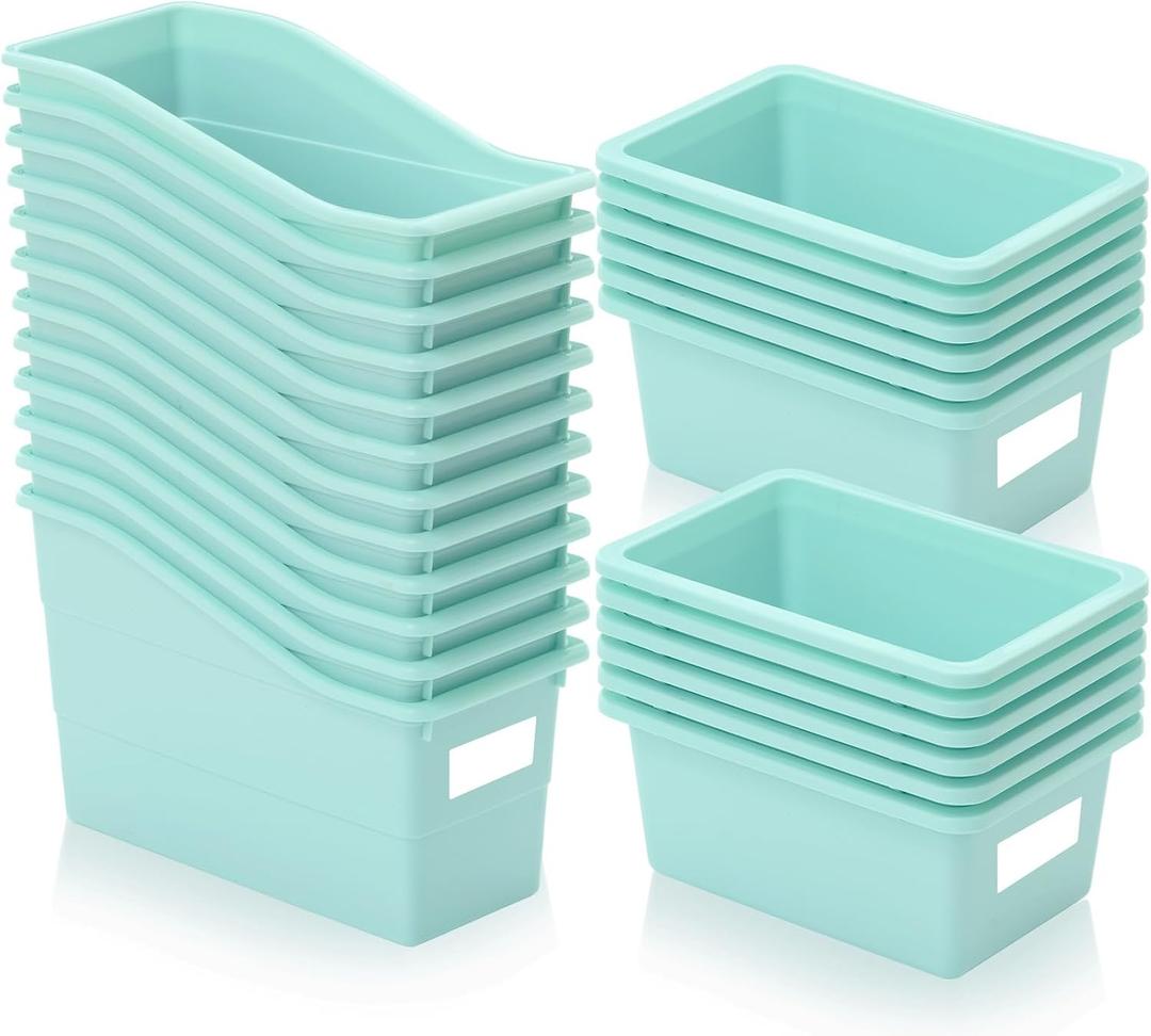 Harloon 24Pcs Plastic Book Bins for Classroom with Labels Back to School Durable Book and Binder Holder and Cubby Bin Storage Bins Vertical Books Organizer for Home Office Organization(Light Green)