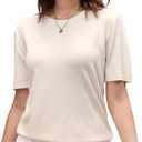 DAIMIDY Womens Wool Blend Sweater Soft Crew Neck Short Sleeve Pullover Knit Tops (Medium, A01 Beige)