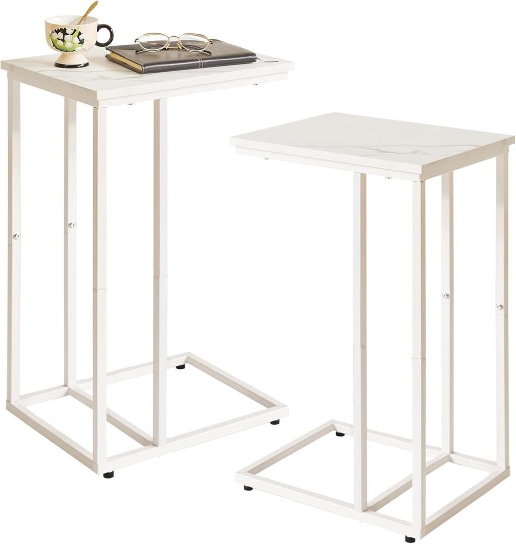 Aibiju C Shaped End Table Set of 2, Small Side Table for Sofa and Bed, White Bedside Table, Laptop Desk for Couch, 16x12x25 Inch, Faux Marble with White Frame YD-TM051W-2