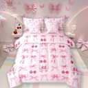 Pink Cherry Bow Bed in a Bag Queen Comforter Set 7 Piece,Cute Silk Ribbon Bowknot Bedding Set,Princess Bow Tie Comforter and Sheet Set Dreamy Kawaii Bed Set,Girly Light Pink Room Decor Aesthetic