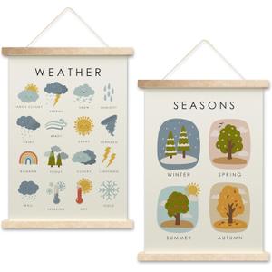 Weather Poster Hanging Flag, Four Seasons Canvas Wall Art For Playroom Homeschool Preschool, Nursery Learning Poster Hanger, Set Of 2 Educational Posters For Toddlers, Boho Classroom Decor