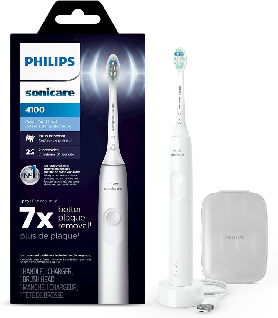 Philips Sonicare 4100 Rechargeable Electric Toothbrush, Advanced Plaque Removal, Pressure Sensor, Includes Brush Head Case, White BD5002AZ