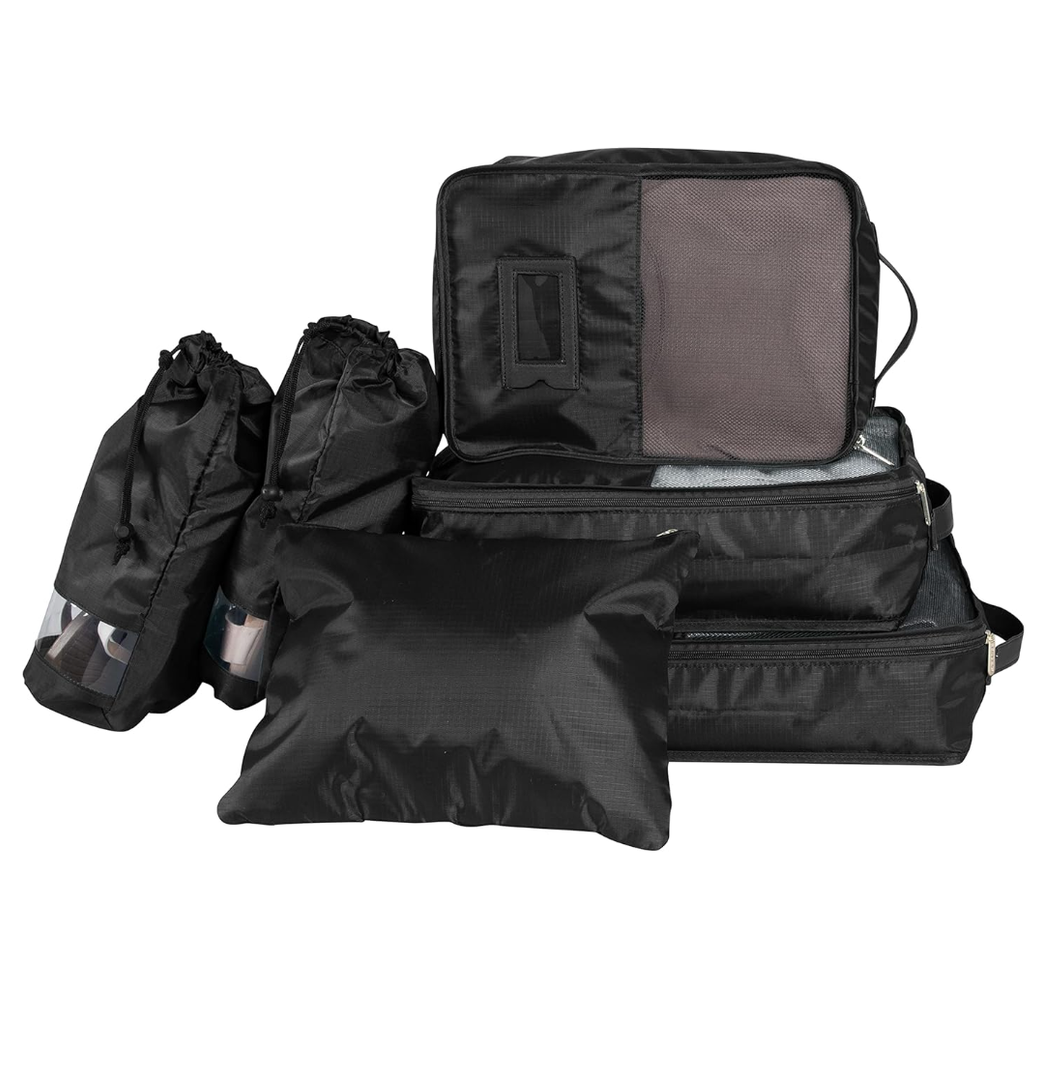 Travel 6 Piece Deluxe Set | Flat Pouch Cube | Shoe Bags | Water Resistant | Luggage, Black, Variety Pack
