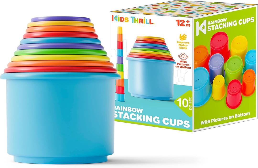 KIDSTHRILL Rainbow Colors Baby Stacking Cups for Toddlers, Tall Baby Stacking Toys Nesting Cups, Drain Holes for Bath Toys, Educational & Motor Skills Sorting & Nesting for 1 2 3 Years Old