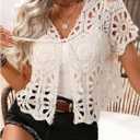 GORGLITTER Women's Tie Front Hollow Out Cardigans Short Sleeve V Neck Pointelle Knit Tops (White, S)