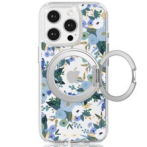 FEWGEY for iPhone 15 Pro Case with MagSafe Stand Ring for Women, Cute Spring Floral Design with 360° Kickstand Holder Magnetic Shock Proof Heavy-Duty Protection Blue Flower