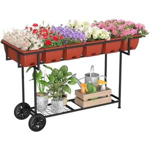 YBING Elevated Garden Bed with Wheels Outdoor 42x17x30in Elevated Raised Planter Box Stand 6 Pocket Herb Garden Planter with Storage Shelf for Balcony Patio, Red