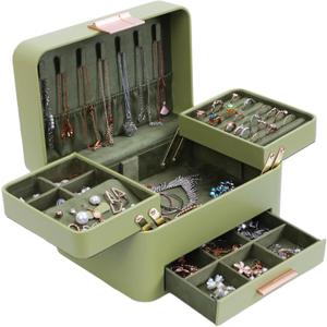 KAMIER Jewelry Box for Women, 3 Layers Jewelry Organizer with Drawers, Large Jewelry Storage Organizer for Earring, Ring, Necklace, Bracelets, Green