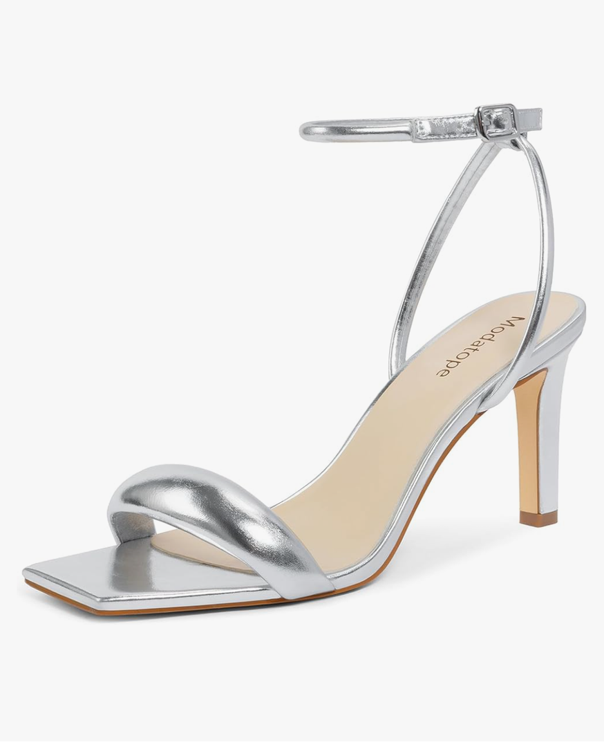 Modatope Color Silver Heels for Women Open Square Toe Chunky Heel Slip On Heeled Sandals for Women, Size 10