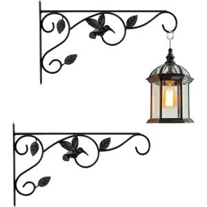 Elegant Bird Pattern Wall Hooks - Metal Plant Hangers for Indoor & Outdoor - Rust-Resistant Bracket for Plants, Feeders, Chimes, Lanterns (Black, 2 Pack - 12 inch)