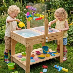Water Table for Toddlers, Adjustable Height Wooden Sand and Water Table with 2 Collapsible Bins, Acrylic Activity Board, Water Track Toys & 16-Piece Play Set, Indoor Outdoor, Ages 3+