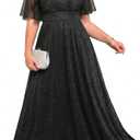 Talisea Plus Size Formal Dresses - V Neck Flutter Sleeve Glitter Prom Evening Gowns Wedding Guest Chiffon Long Maxi Dress , 18Plus
