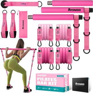 Ayombo Pilates Bar Kit with Resistance Bands, Pilates Workout Equipment for Legs, Hip, Waist, Arm, Squats Exercise Equipment for Home Workouts, Adjustable 3-Section Pilates Bar Kit for Women & Men (1-Pink)