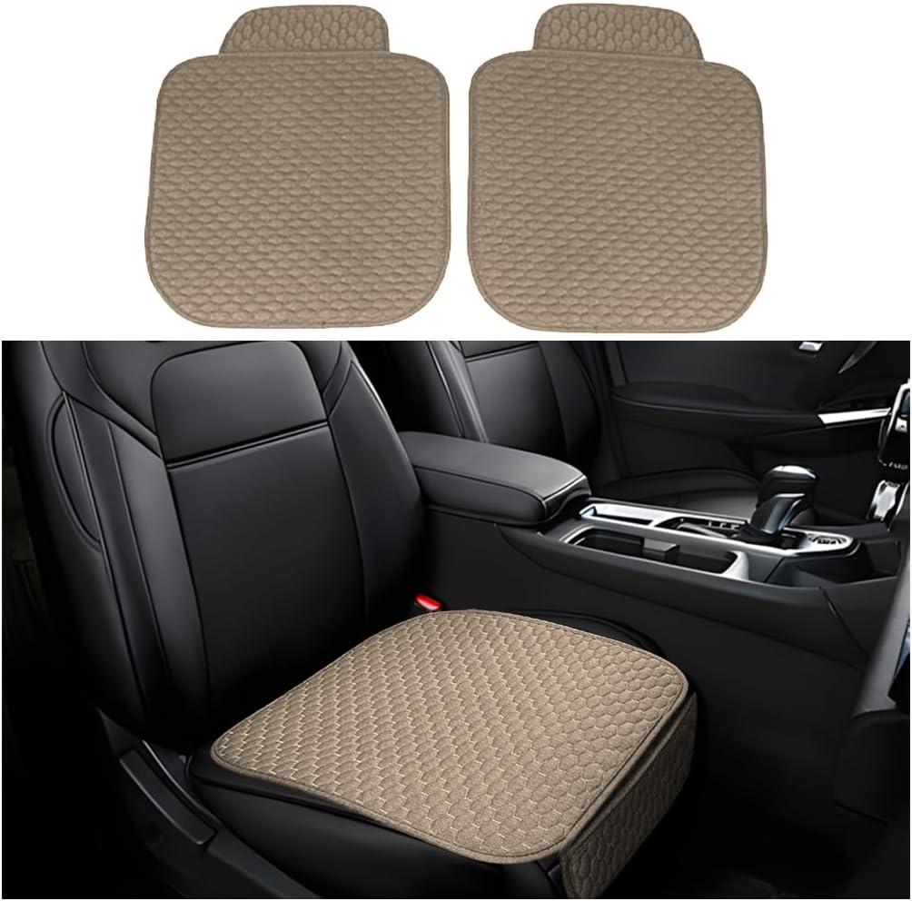 BELOMI Car Seat Bottom Cover Pad, 2PCS Linen Vehicle Front Seat Protector with Storage Pocket, Anti-Slip Automotive Seat Protection Cushion Mat, Universal Fit for Most Sedans SUV Pick-up (Beige)