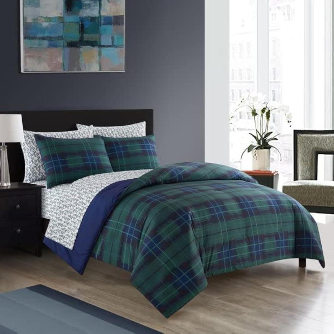 Dearfoams 7 Piece Super Soft Bed in a Bag Bedding Set, Blue Tartan, King