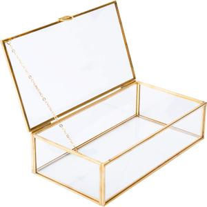HighFree Vintage Glass Box with Lid - Clear Jewelry Glass Display Box Keepsake Box - Home Decor Decorative Box for Trinket Rings Bracelet (Gold, Medium)