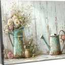 Farmhouse Flower Bathroom Canvas Wall Art Vintage Floral Decor Pictures White Daisy Flowers Watering Can Posters Prints for Bathroom Toilet Washroom Lavatory Home Decoration