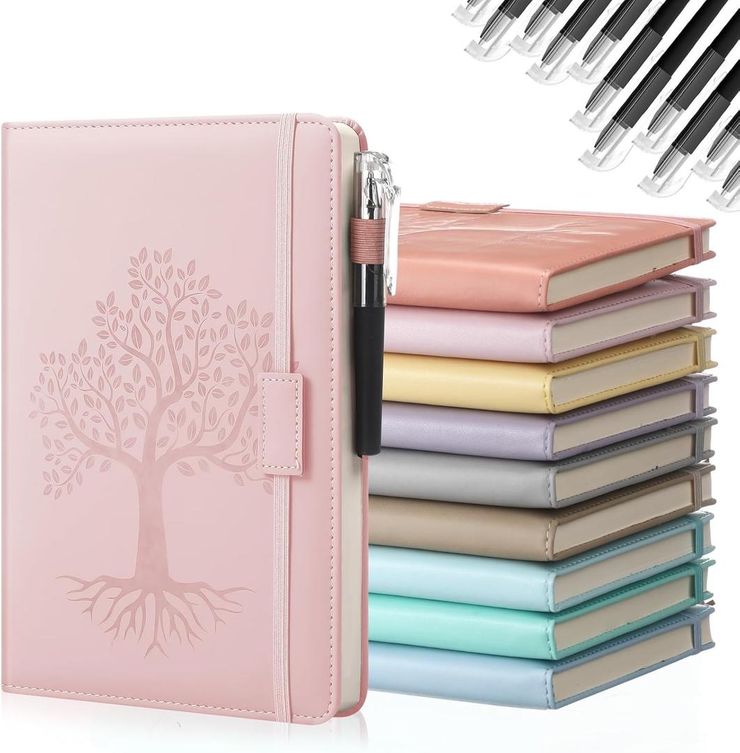 Estune 8 Pack Lined Journal Notebook A5 Tree of Life Hardcover Leather Journal with 10 Pen, College Ruled Notebook for Travel, Business, Work, Office, School Note Taking Diary(Elegant Color)