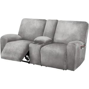 Reclining Love Seat with Middle Console Slipcover, 8-Piece Velvet Stretch Loveseat Reclining Sofa Covers, 2 seat Loveseat Recliner Cover, Thick, Soft, Washable, Loveseat Slipcovers (Light Grey)