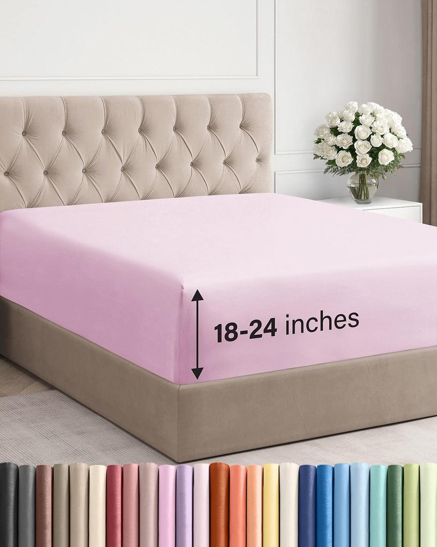 Extra Deep King Fitted Sheet - Hotel Luxury Single Fitted Sheet Only - Easily Fits 18 inch to 24 inch Mattress - Ultra Soft, Wrinkle & Fade Free w/Extra Deep Pockets - Breathable & Comfy - Light Pink