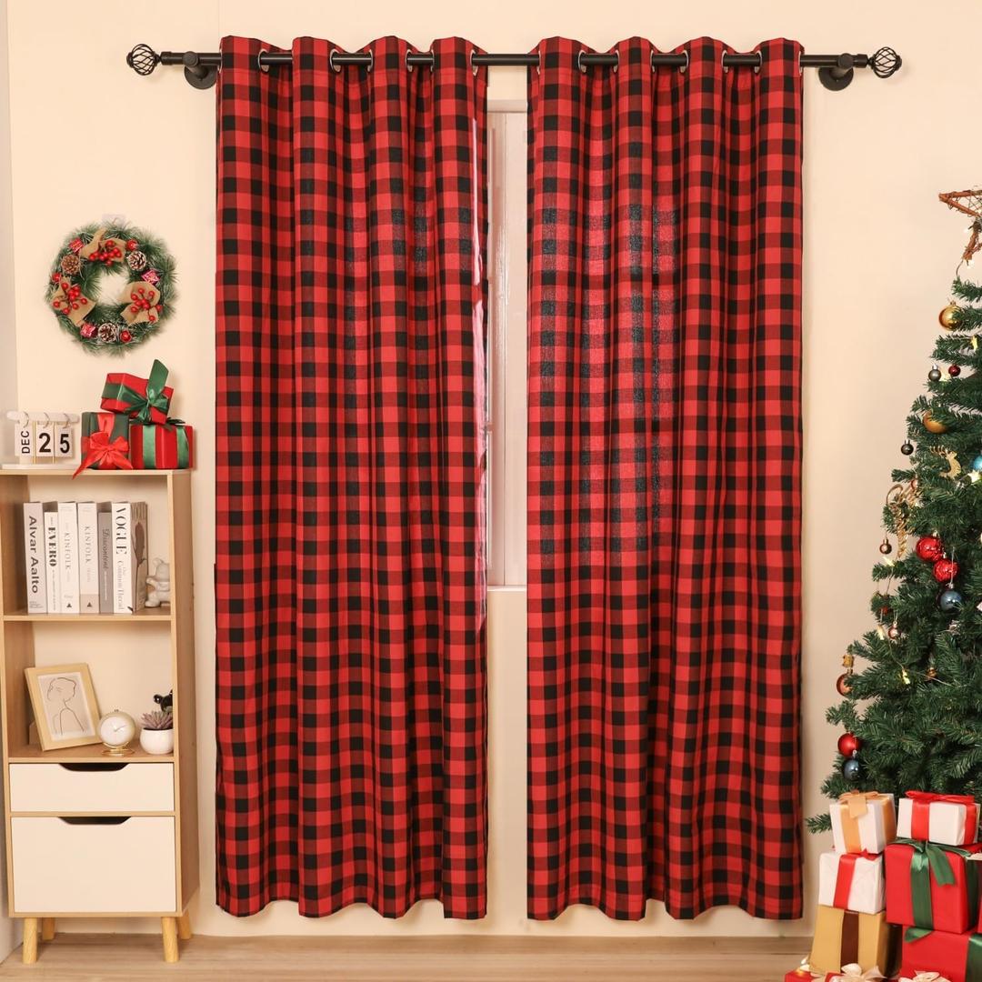 Buffalo Curtains 2 Panels Buffalo Check Window Curtains Room Darkening Blackout Drapes Farmhouse Rustic Curtains Red/Black, 52x63in