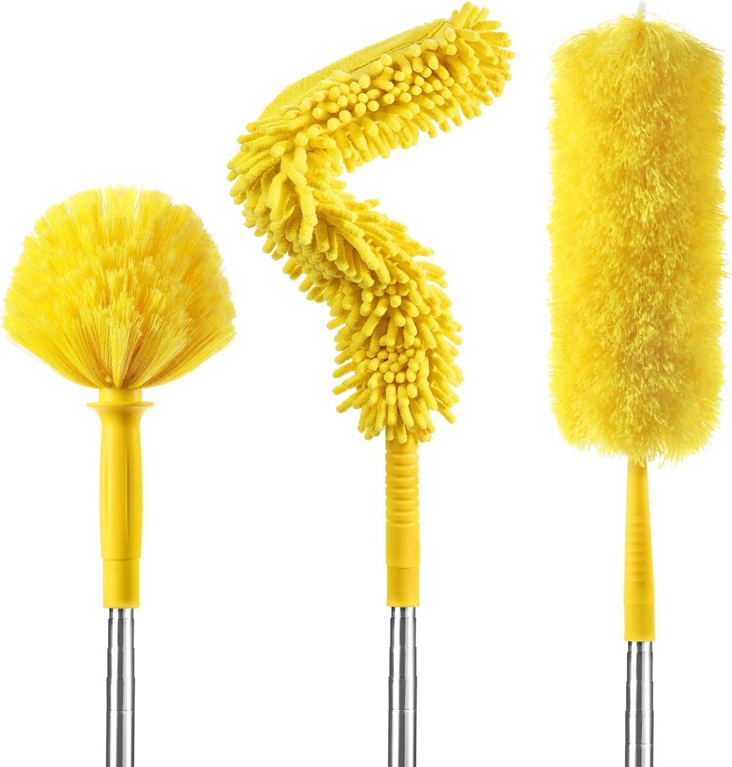 17 Foot High Reach Duster Kit with 2-to-9 Foot Extension Pole, Newliton 3-in-1 High Ceiling Chenille Duster, Microfiber Duster, Cobweb Duster, Indoor & Outdoor Extendable Bendable Duster Cleaning Set