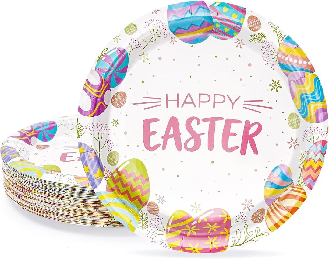 40 Pcs Easter Paper Plates | 7 Inch Disposable Dessert Plates with Colorful Egg & Floral Patterns for Easter Party Decorations, Spring Tableware & Party Supplies