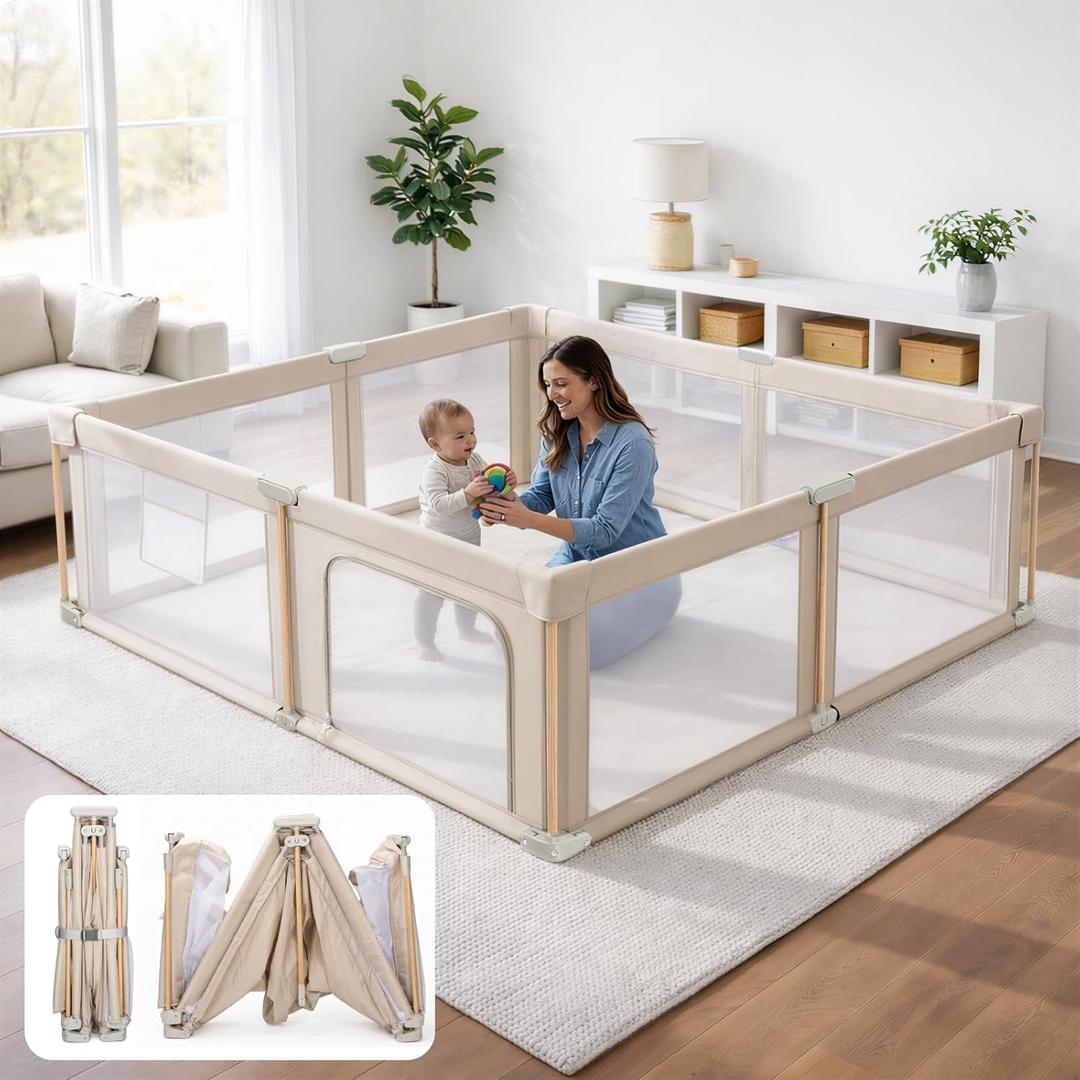 Foldable Baby Playpen with Mat, Foldable Baby Fence Play Yards for Babies and Toddlers, Play Pen with Breathable Mesh and Anti-Fall Pads (71"59")
