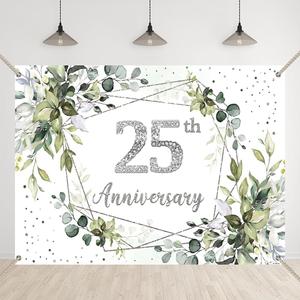 Greenery Happy 25th Anniversary Backdrop Green Leaves 25th Birthday Party Celebrating 25 Years of Marriage Background 25 Wedding Anniversary Photography Props Banner with Copper Grommets