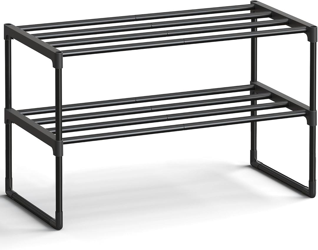 SONGMICS Shoe Rack, 2-Tier Shoe Organizer, Metal Storage Shelf, Upright or Upside Down, for 6-9 Pairs, Stackable, for Entryway, 11.8 x 26.8 x 14.6 Inches, Black ULSA202B01