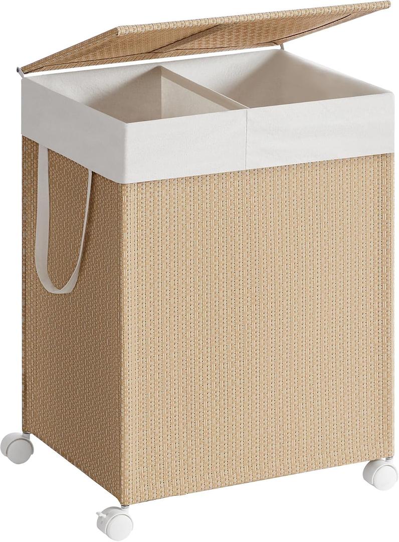 SONGMICS HOME Laundry Hamper with 2 Section, 100 L Large Rolling Laundry Basket with Wheels, Rattan Clothes Hamper with Lid, Removable Liner with Handles, Natural Beige and Matte White ULCB601N01