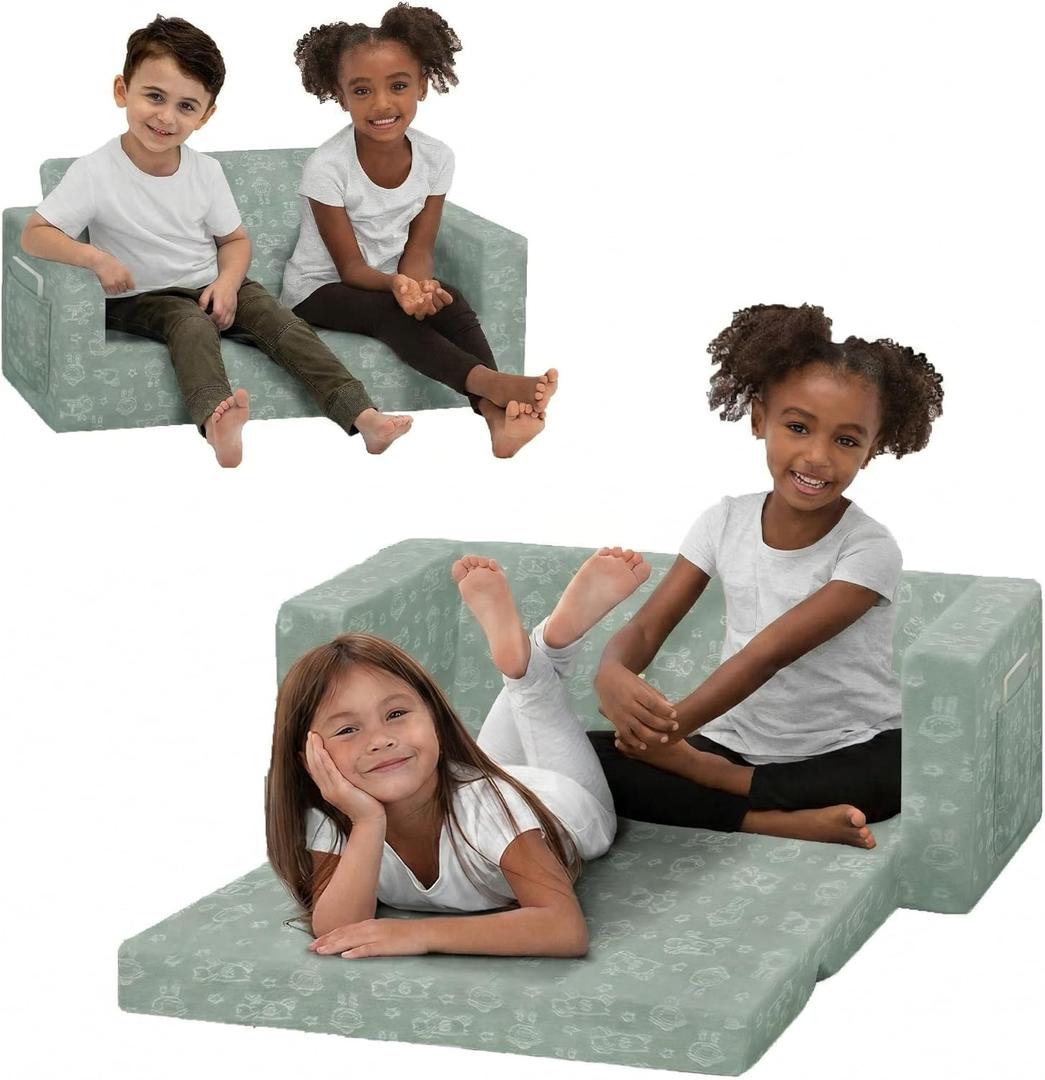 Delta Children - Serta Perfect Sleeper Kids 2-Seater Sofa, Convertible 2-in-1 Flip Open Toddler Couch Sleeper, Foam Chair for Playroom & Bedroom, Bed Lounger, Comfy Play Sleeping Lounge Chair, Sage