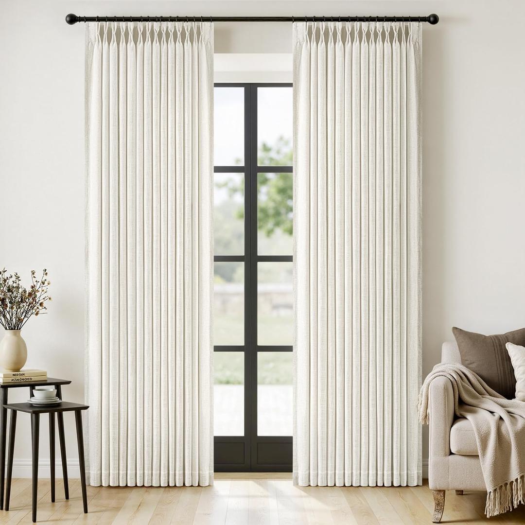MIULEE Pinch Pleated Linen Curtains 96 Inches Long 2 Panels for Living Room Bedroom, Memory Trained Drapes Pinch Pleat Back Tab Light Filtering Neutral Ivory Cream Farmhouse Boho Window Curtains, 40"W x 96"L